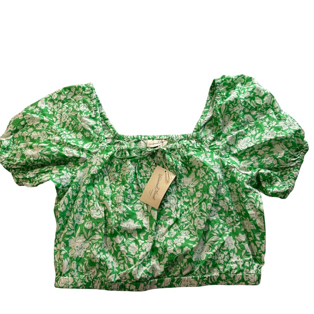 Universal Thread Green Floral Puff Sleeve Crop Top Cotton Blouse Size M NWT